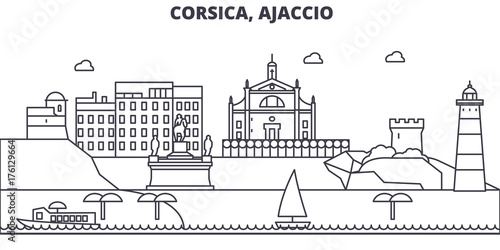 France, Ajaccio architecture line skyline illustration. Linear vector cityscape with famous landmarks, city sights, design icons. Editable strokes