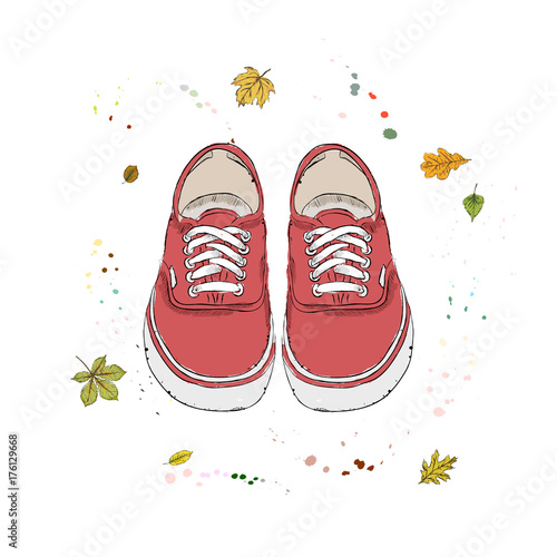 Red modern sneakers. Shoes on the background of autumn leaves and drops of watercolor. Hand drawn vector illustration on a white background.