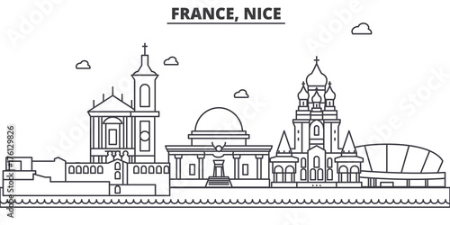 France, Nice architecture line skyline illustration. Linear vector cityscape with famous landmarks, city sights, design icons. Editable strokes