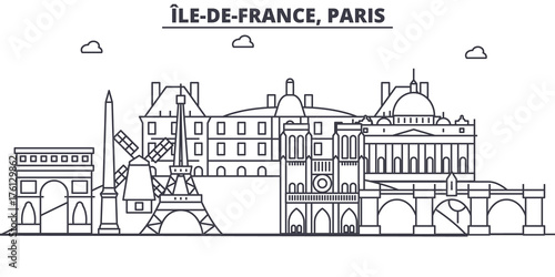 France, Paris architecture line skyline illustration. Linear vector cityscape with famous landmarks, city sights, design icons. Editable strokes