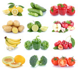 Obst und Gemüse Früchte Apfel Bananen Zitrone Tomaten Farben Collage Freisteller freigestellt isoliert