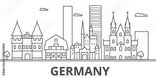 Germany architecture line skyline illustration. Linear vector cityscape with famous landmarks, city sights, design icons. Editable strokes