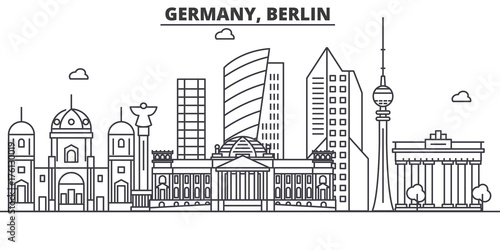 Germany, Berlin architecture line skyline illustration. Linear vector cityscape with famous landmarks, city sights, design icons. Editable strokes