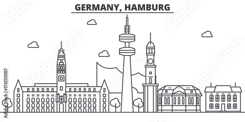 Germany, Hamburg architecture line skyline illustration. Linear vector cityscape with famous landmarks, city sights, design icons. Editable strokes