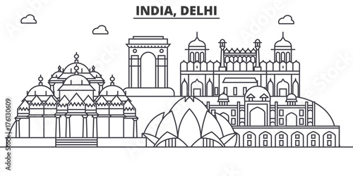 India, Delhi architecture line skyline illustration. Linear vector cityscape with famous landmarks, city sights, design icons. Editable strokes