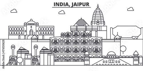 India, Jaipur architecture line skyline illustration. Linear vector cityscape with famous landmarks, city sights, design icons. Editable strokes