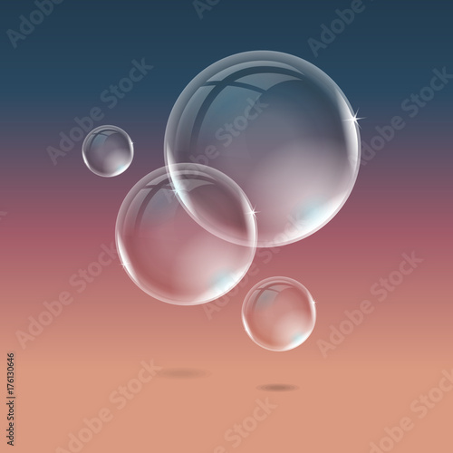 Vector transparent soap bubbles isolated on colorful background. Easy to use for your design.