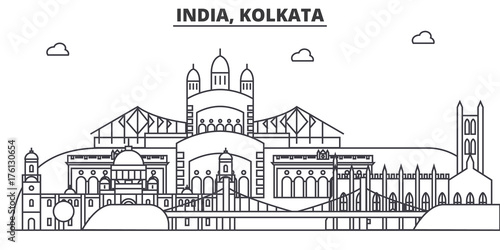 India, Kolkata architecture line skyline illustration. Linear vector cityscape with famous landmarks, city sights, design icons. Editable strokes photo