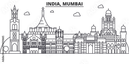 India, Mumbai architecture line skyline illustration. Linear vector cityscape with famous landmarks, city sights, design icons. Editable strokes
