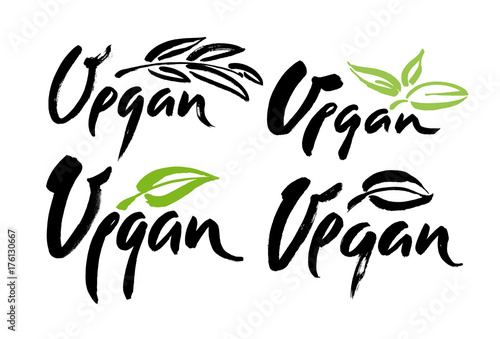 Vegan hand written calligraphy lettering with leaf for cafe menu design. Brush lettering Vector illustration.