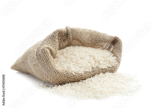 Bag with rice on white background