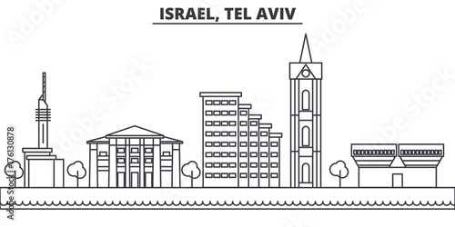 Istael, Tel Aviv architecture line skyline illustration. Linear vector cityscape with famous landmarks, city sights, design icons. Editable strokes photo