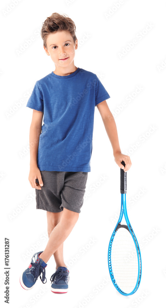 Cute little boy with tennis racket on white background Cute little boy with tennis racket on white background