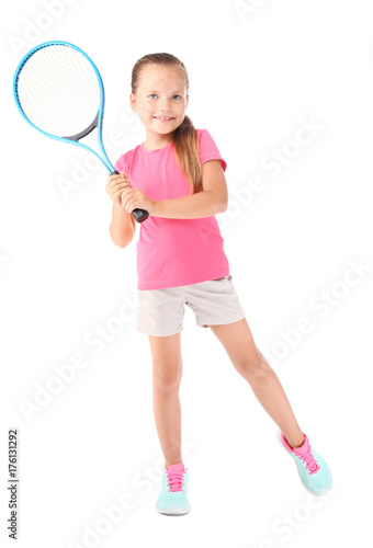 Cute little girl with tennis racket on white background © Africa Studio