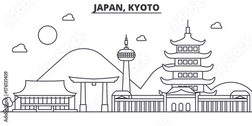 Japan, Kyoto architecture line skyline illustration. Linear vector cityscape with famous landmarks, city sights, design icons. Editable strokes