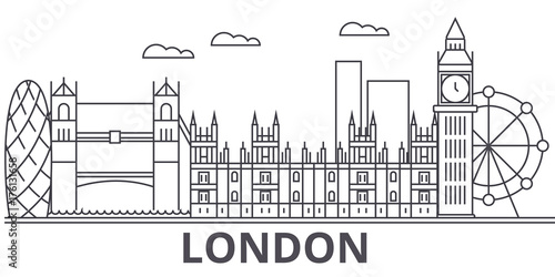 London architecture line skyline illustration. Linear vector cityscape with famous landmarks, city sights, design icons. Editable strokes