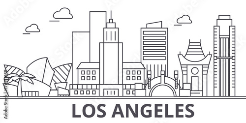Los Angeles architecture line skyline illustration. Linear vector cityscape with famous landmarks, city sights, design icons. Editable strokes