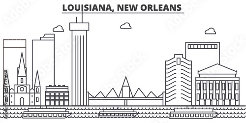 Louisiana, New Orleans architecture line skyline illustration. Linear vector cityscape with famous landmarks, city sights, design icons. Editable strokes