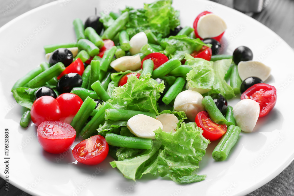 Plate of salad with green beans, closeup Plate of salad with green beans, closeup