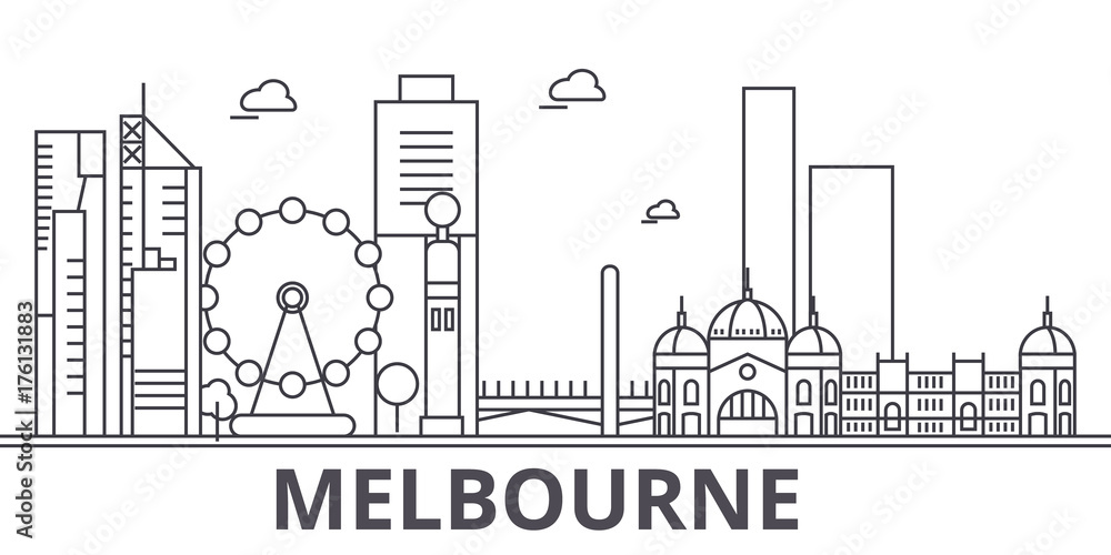 Fototapeta premium Ilustracja panoramę linii Melbourne architektury. Liniowy wektor gród ze słynnymi zabytkami, zabytkami miasta, ikonami projektowania. Edytowalne obrysy