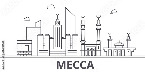 Mecca architecture line skyline illustration. Linear vector cityscape with famous landmarks, city sights, design icons. Editable strokes