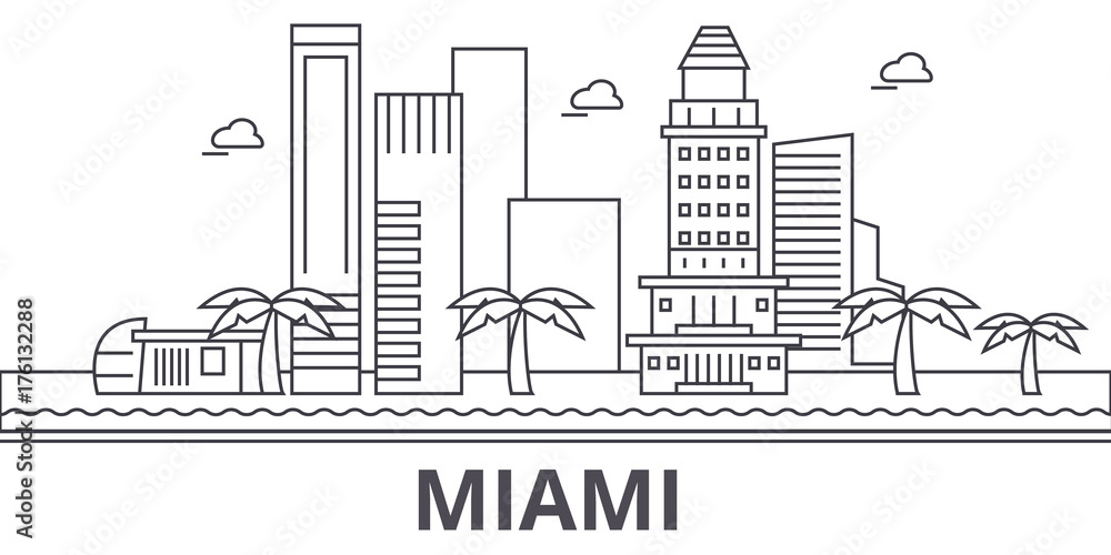Miami architecture line skyline illustration. Linear vector cityscape with famous landmarks, city sights, design icons. Editable strokes