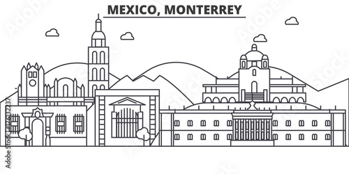 Mexico, Monterrey architecture line skyline illustration. Linear vector cityscape with famous landmarks, city sights, design icons. Editable strokes