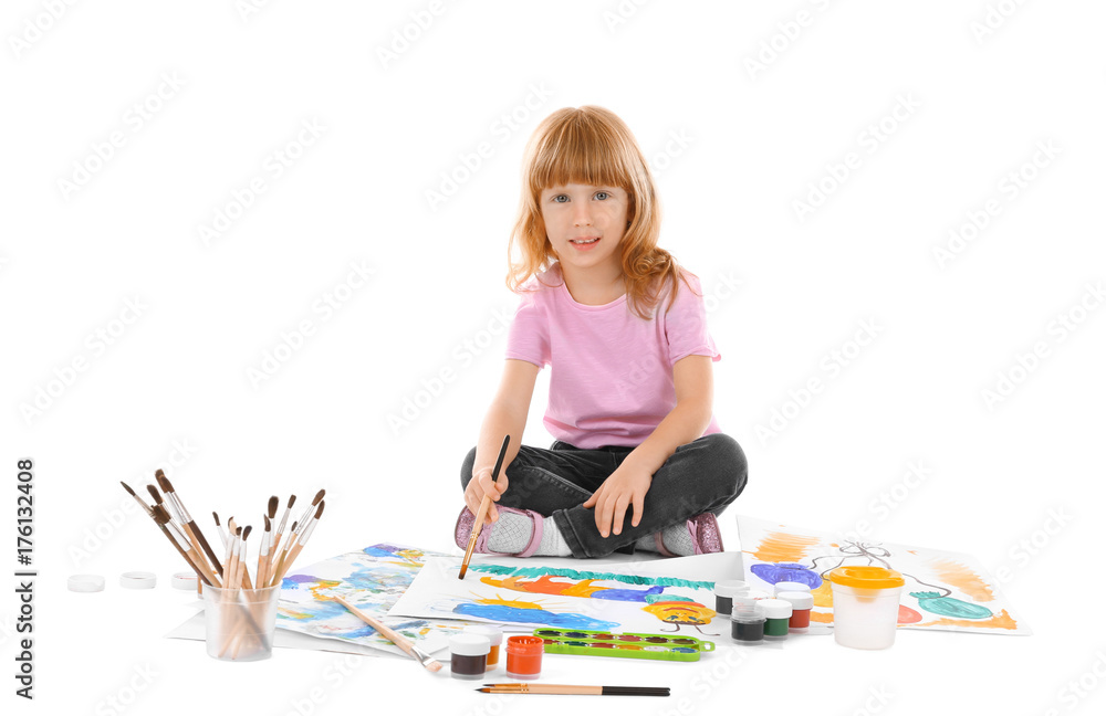 Talented girl painting against white background Talented girl painting against white background
