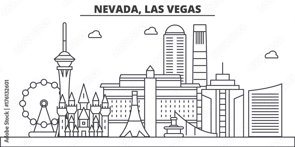 Nevada, Las Vegas architecture line skyline illustration. Linear vector cityscape with famous landmarks, city sights, design icons. Editable strokes