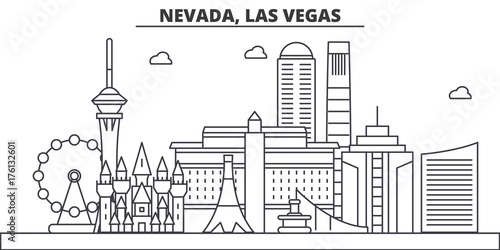 Obraz na płótnie Nevada, Las Vegas architecture line skyline illustration. Linear vector cityscape with famous landmarks, city sights, design icons. Editable strokes w salonie