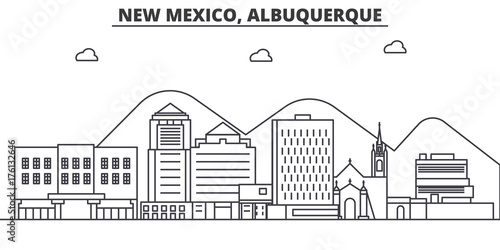 New Mexico Albuquerque architecture line skyline illustration. Linear vector cityscape with famous landmarks, city sights, design icons. Editable strokes