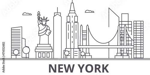 New York architecture line skyline illustration. Linear vector cityscape with famous landmarks, city sights, design icons. Editable strokes