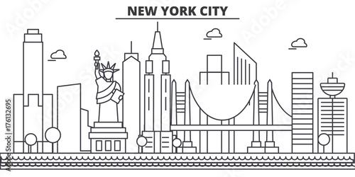 New York, New York City architecture line skyline illustration. Linear vector cityscape with famous landmarks, city sights, design icons. Editable strokes