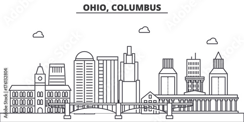 Ohio, Columbus architecture line skyline illustration. Linear vector cityscape with famous landmarks, city sights, design icons. Editable strokes