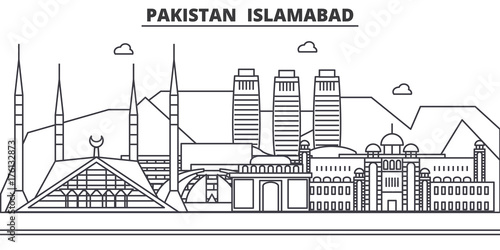 Pakistan, Islamabad architecture line skyline illustration. Linear vector cityscape with famous landmarks, city sights, design icons. Editable strokes