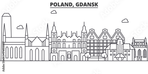 Poland, Gdansk architecture line skyline illustration. Linear vector cityscape with famous landmarks, city sights, design icons. Editable strokes photo