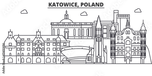 Poland, Katowice architecture line skyline illustration. Linear vector cityscape with famous landmarks, city sights, design icons. Editable strokes photo