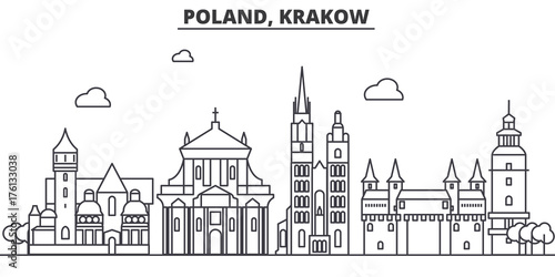 Poland, Krakow architecture line skyline illustration. Linear vector cityscape with famous landmarks, city sights, design icons. Editable strokes