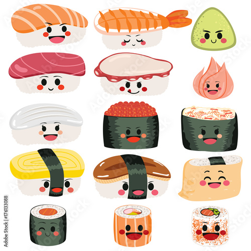 Funny cute happy sushi and sashimi character set collection
