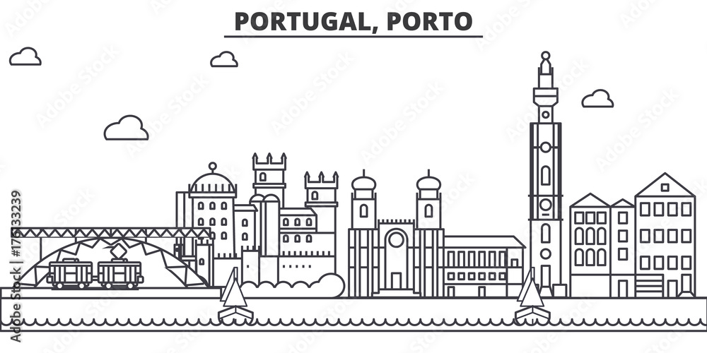 Portugal, Porto architecture line skyline illustration. Linear vector cityscape with famous landmarks, city sights, design icons. Editable strokes