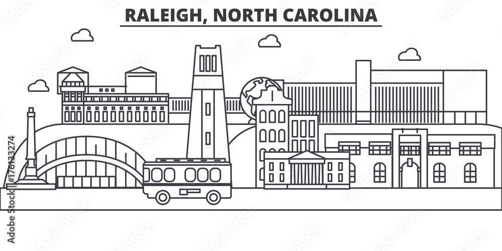 Raleigh, North Carolina architecture line skyline illustration. Linear vector cityscape with famous landmarks, city sights, design icons. Editable strokes