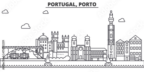 Obraz na płótnie Portugal, Porto architecture line skyline illustration. Linear vector cityscape with famous landmarks, city sights, design icons. Editable strokes w salonie