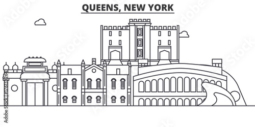 Queens, New York architecture line skyline illustration. Linear vector cityscape with famous landmarks, city sights, design icons. Editable strokes