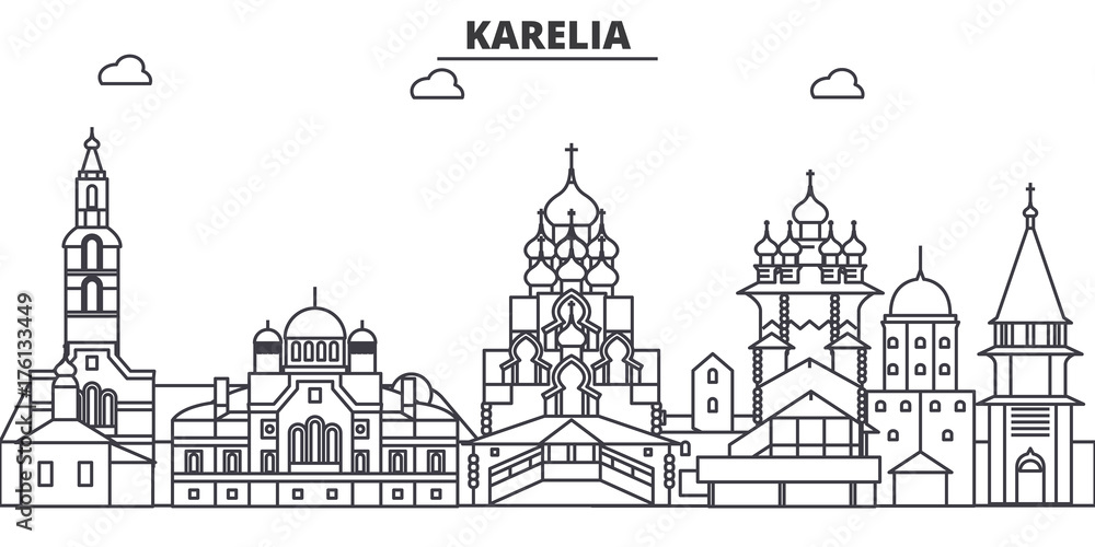 Fototapeta Rosja, Karelia ilustracja panoramę linii architektury. Liniowy wektor gród ze słynnymi zabytkami, zabytkami miasta, ikonami projektu. Edytowalne obrysy