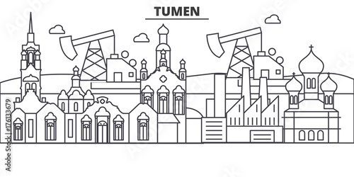 Russia, Tumen architecture line skyline illustration. Linear vector cityscape with famous landmarks, city sights, design icons. Editable strokes