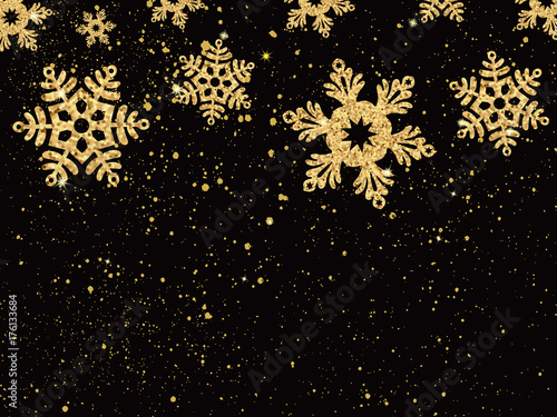 Christmas background with shining gold snowflakes. Vector
