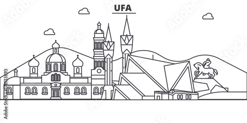 Russia, Ufa architecture line skyline illustration. Linear vector cityscape with famous landmarks, city sights, design icons. Editable strokes