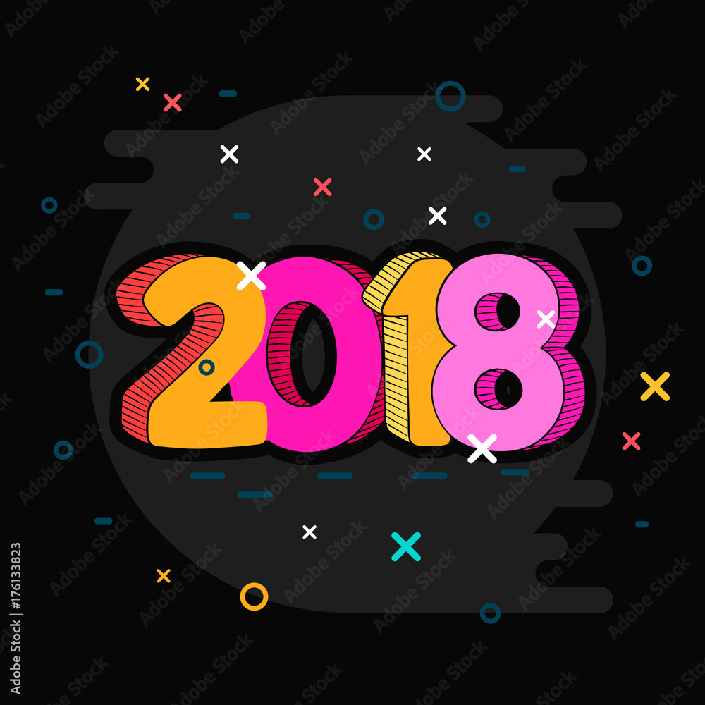 2018 hand drawn theme for card in pop art style. Creative new year 2018 number design.