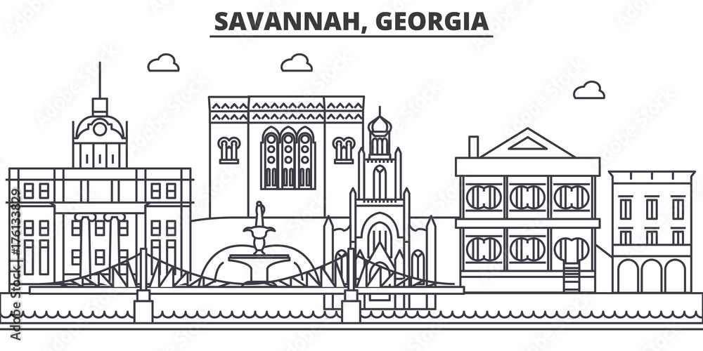 Savannah, Georgia architecture line skyline illustration. Linear vector cityscape with famous landmarks, city sights, design icons. Editable strokes