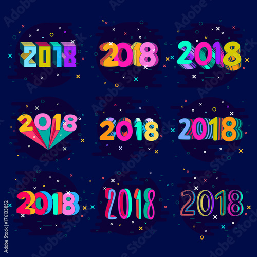 Creative new year 2018 number design in pop art colors. 2018 hand drawn theme for card in modern style.